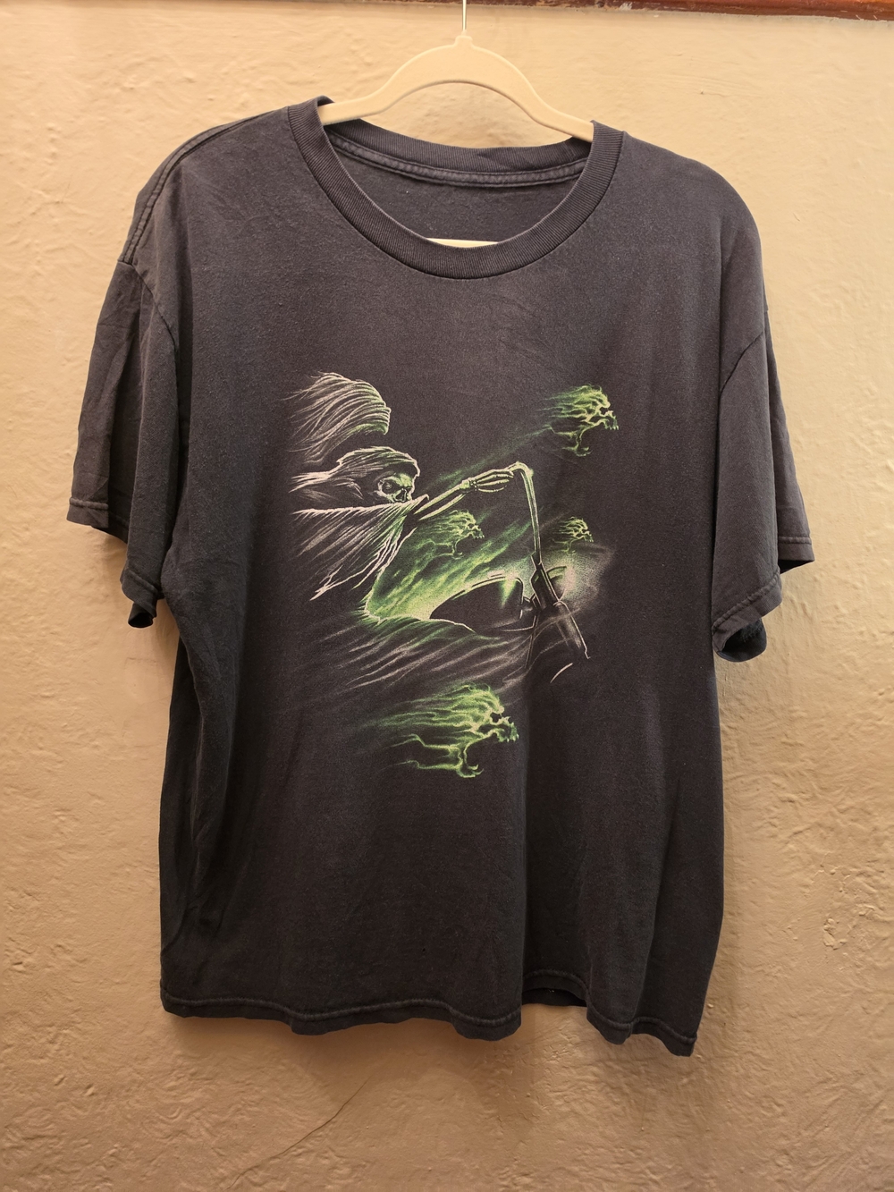 Grim Reaper Motorcycle Biker Graphic Tee Gothic Y2K Charcoal L